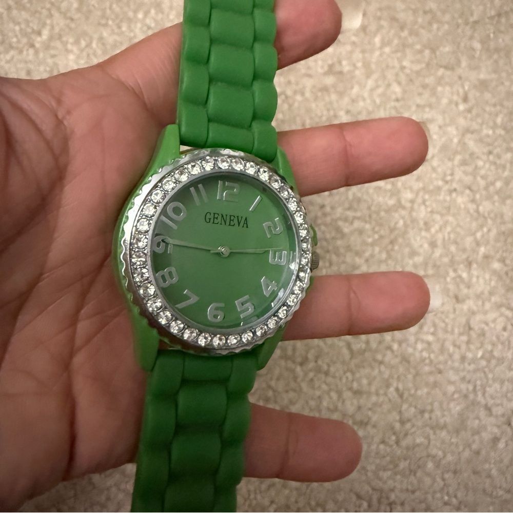 4/$25 Geneva watch brig Green Timepiece rhinestones trim minimalist